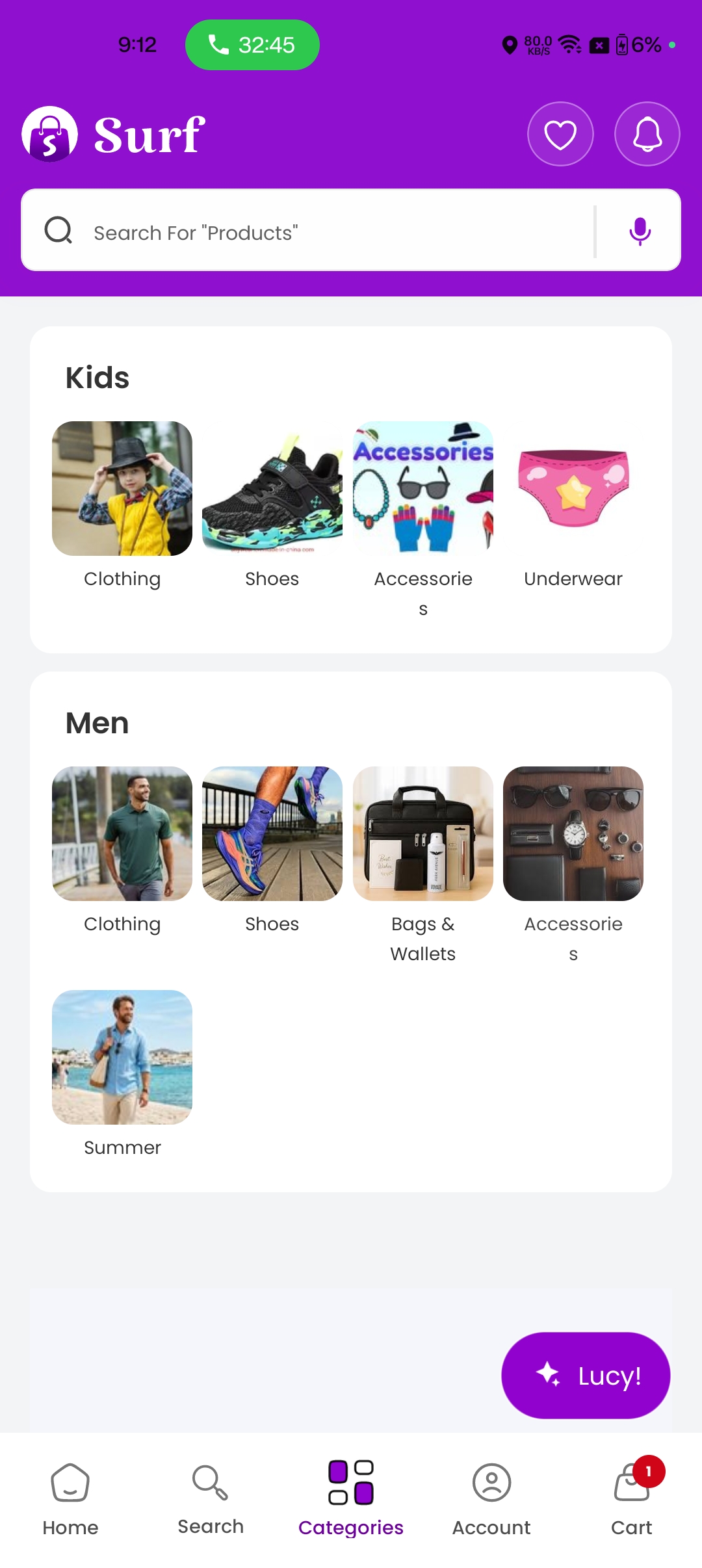 Categories screen from Surf customer app