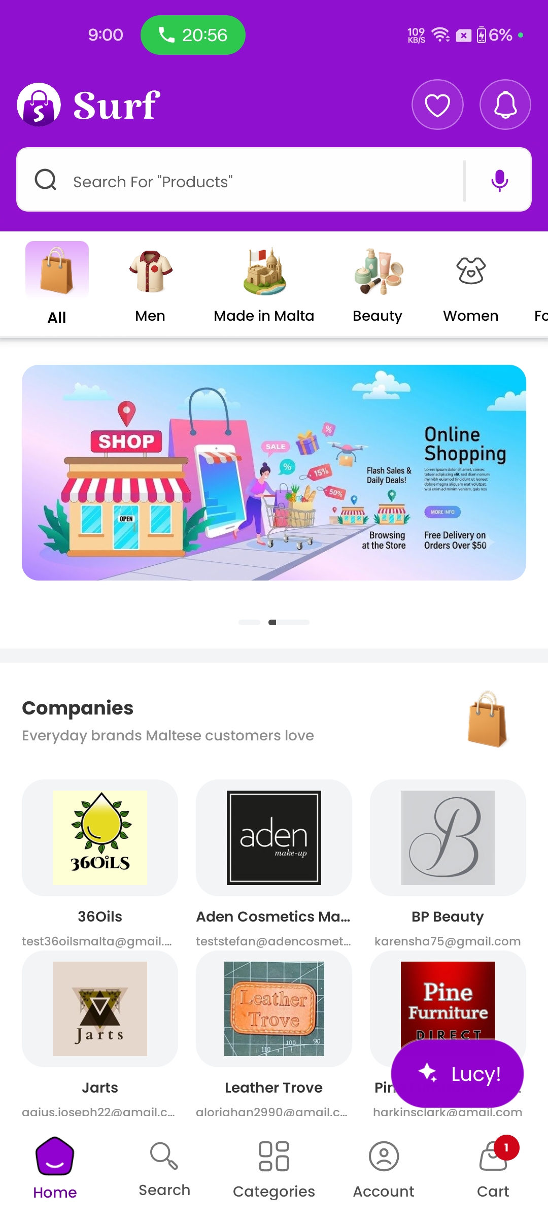 Homepage screen from Surf customer app